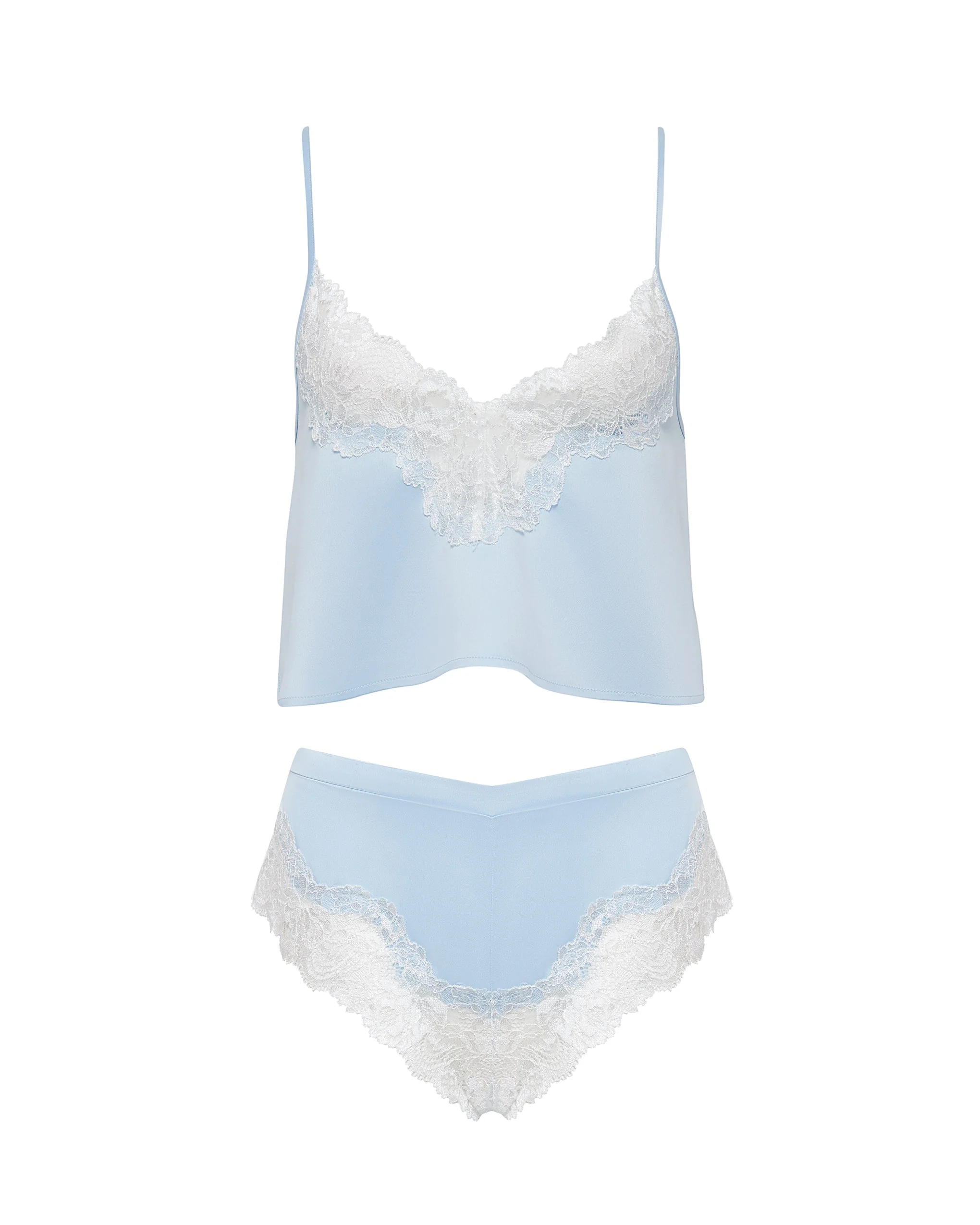 Bluebella Caraco et Short en Satin Luxueux Isabella Bleu Eau Glacée/Blanc
