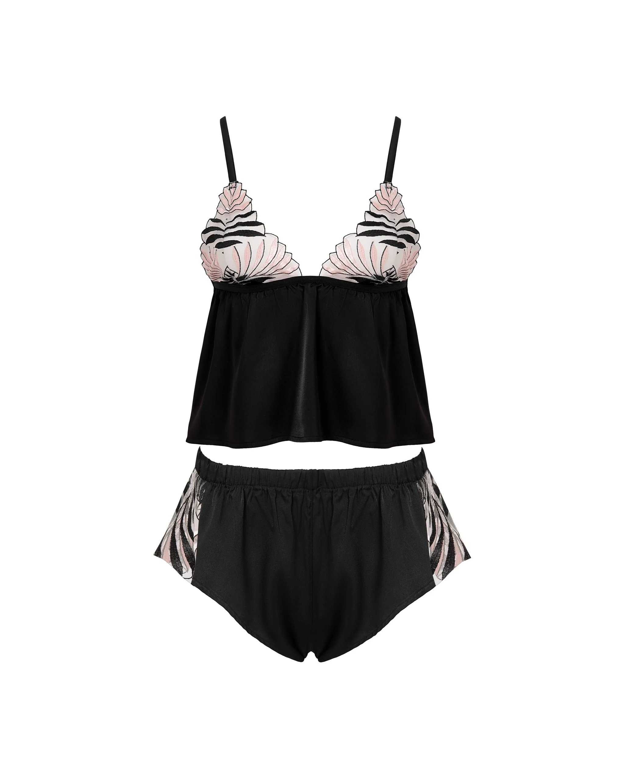 Bluebella Ensemble Caraco et Short Katerine en Satin Luxueux Noir/ Perle/Transparent