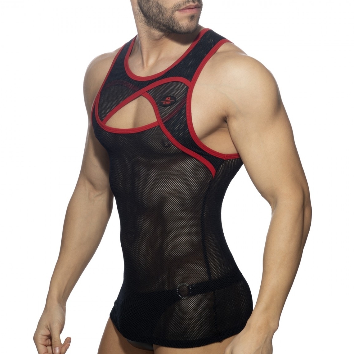 AD Fetish Débardeur CROSSED MESH Noir-Rouge