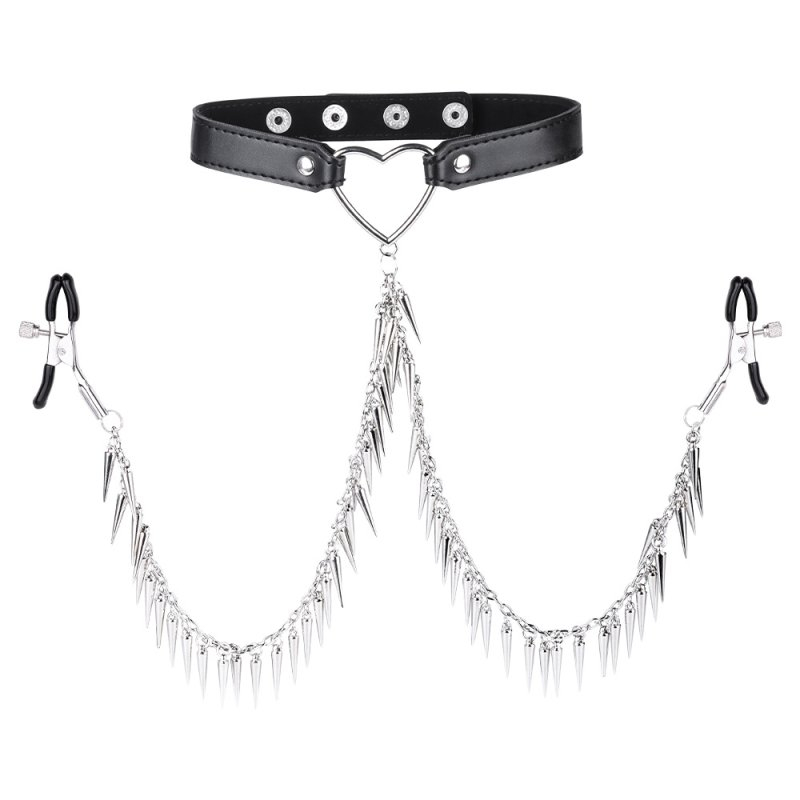 Collier avec Pince-Tétons SPIKE HEART Noir