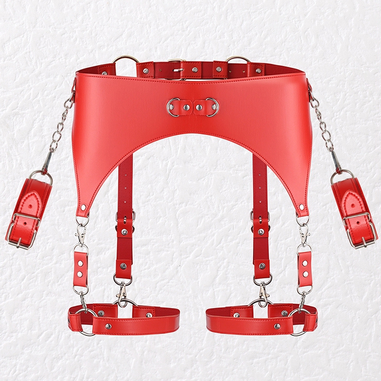 KinkHarness Ceinture Porte-Jarretelles et Menottes Rouge