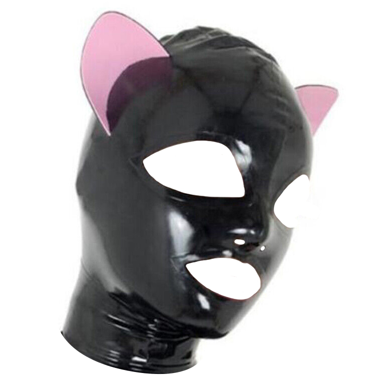 LateXcite Cagoule en latex CAT FETISH Noir-Rose