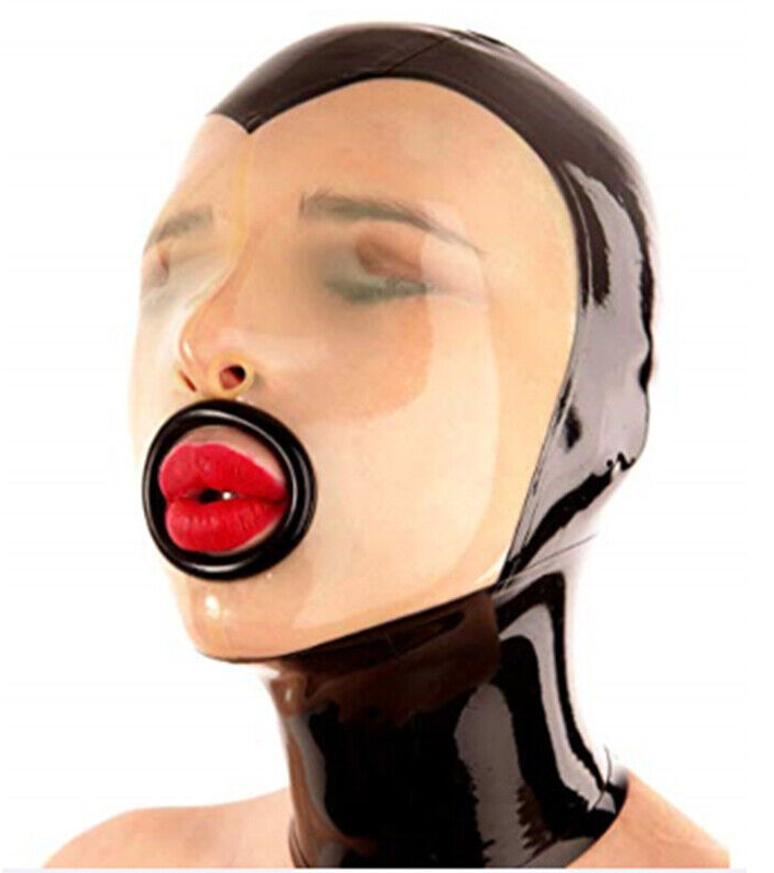 LateXcite Cagoule en latex FACIAL MOUTH Noir-Transparent