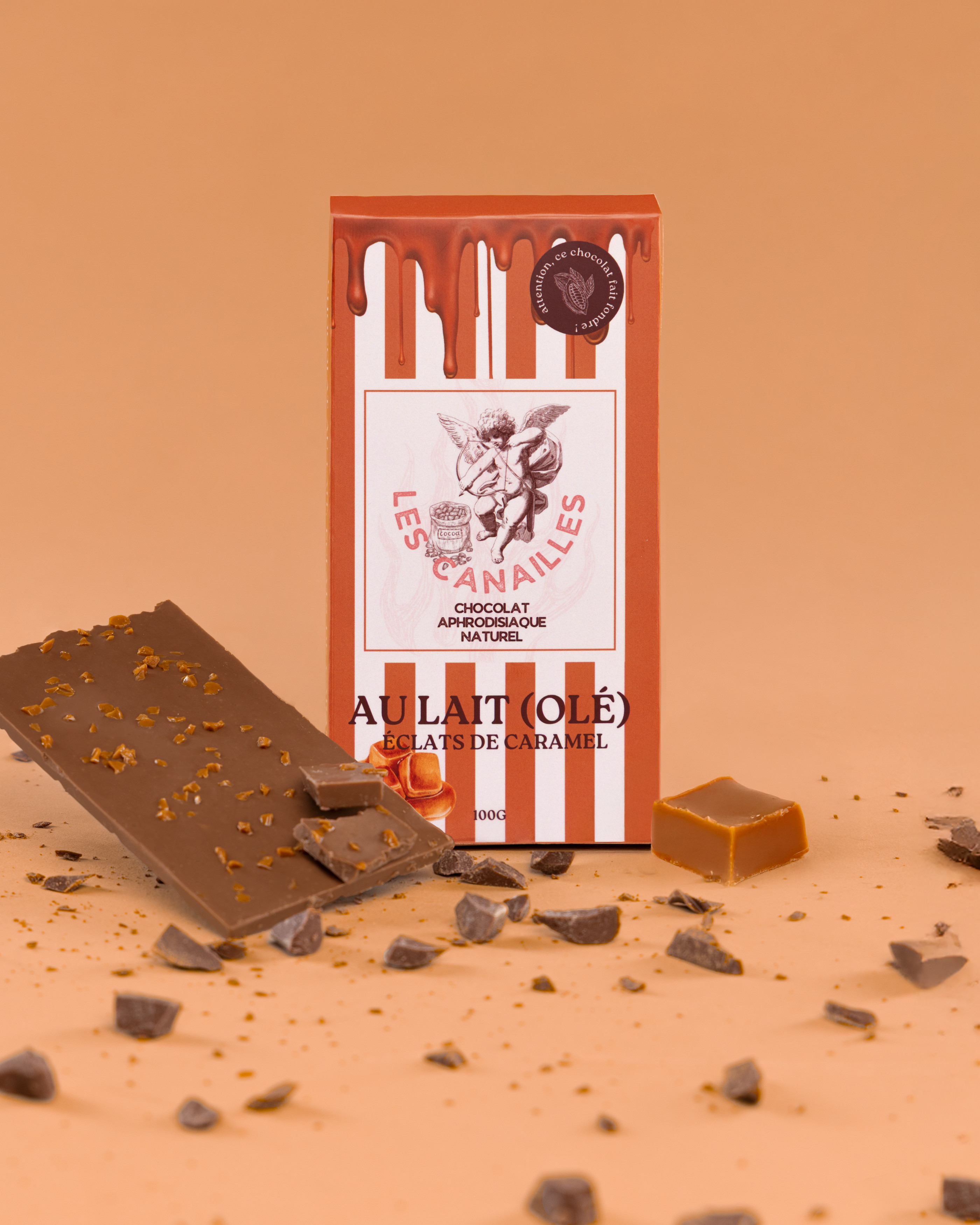 Les Canailles Tablette de Chocolat Aphrodisiaque AU LAIT (OLÉ) Éclats de Caramel 100g