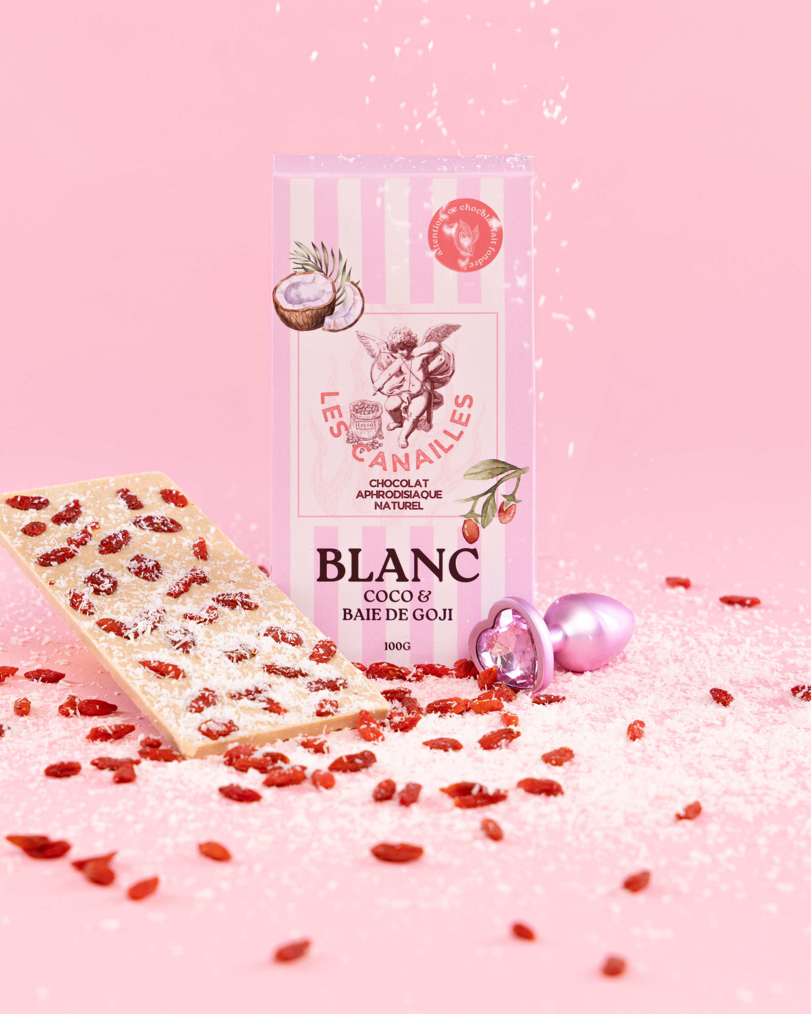 Les Canailles Tablette de Chocolat Aphrodisiaque BLANC Coco & Baie de Goji 100g