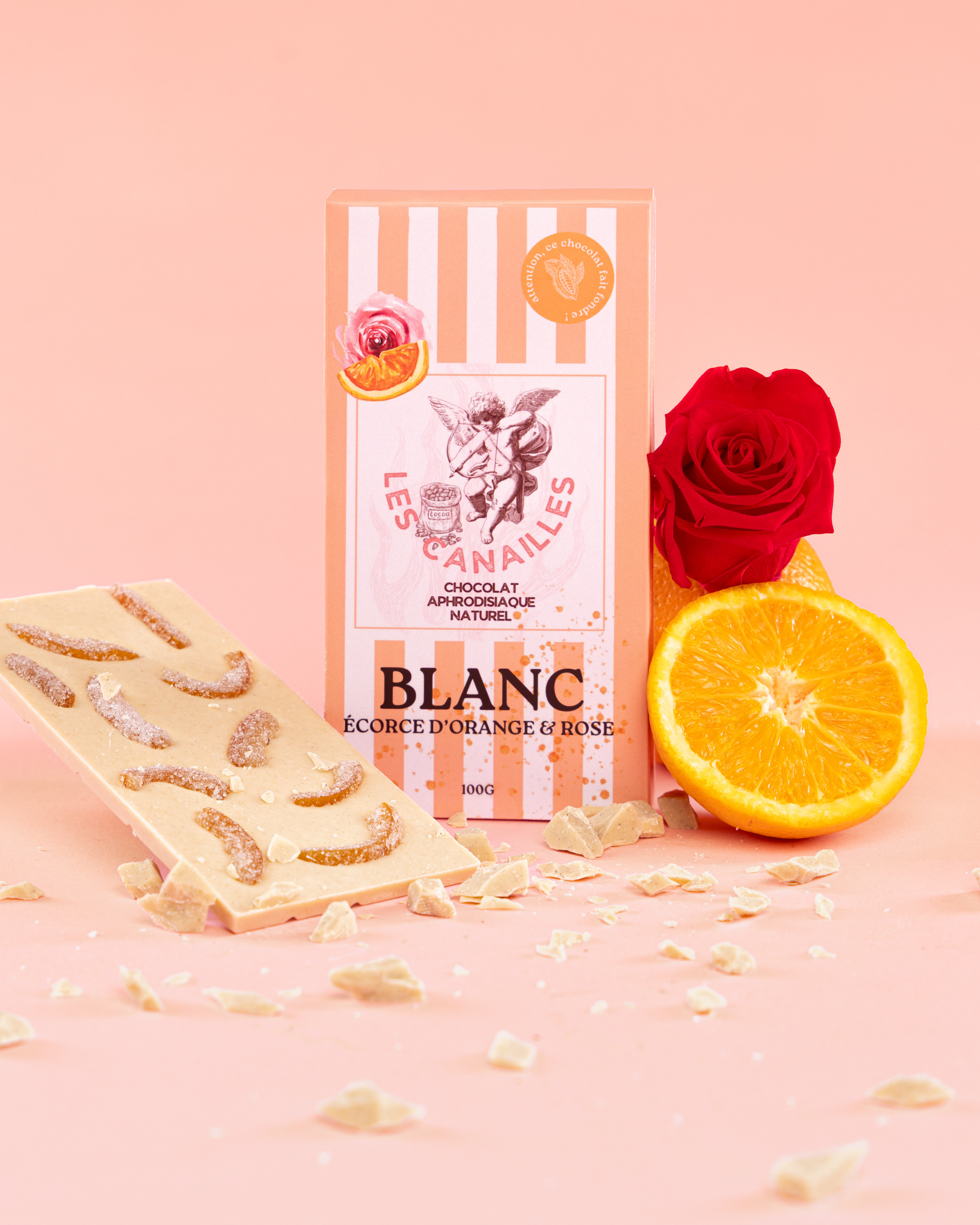 Les Canailles Tablette de Chocolat Aphrodisiaque BLANC Écorces d'orange & Rose 100g