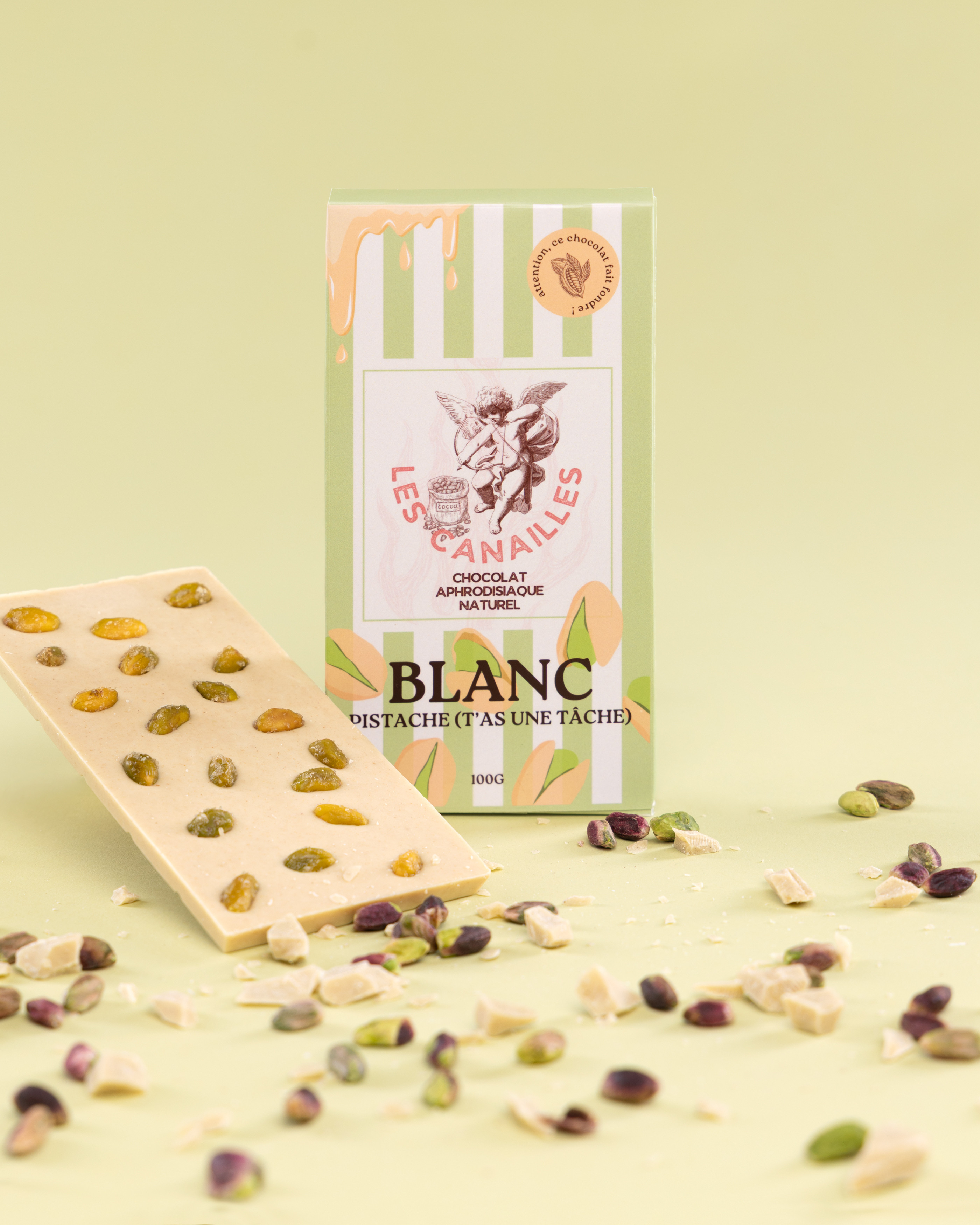 Les Canailles Tablette de Chocolat Aphrodisiaque BLANC Pistache 100g