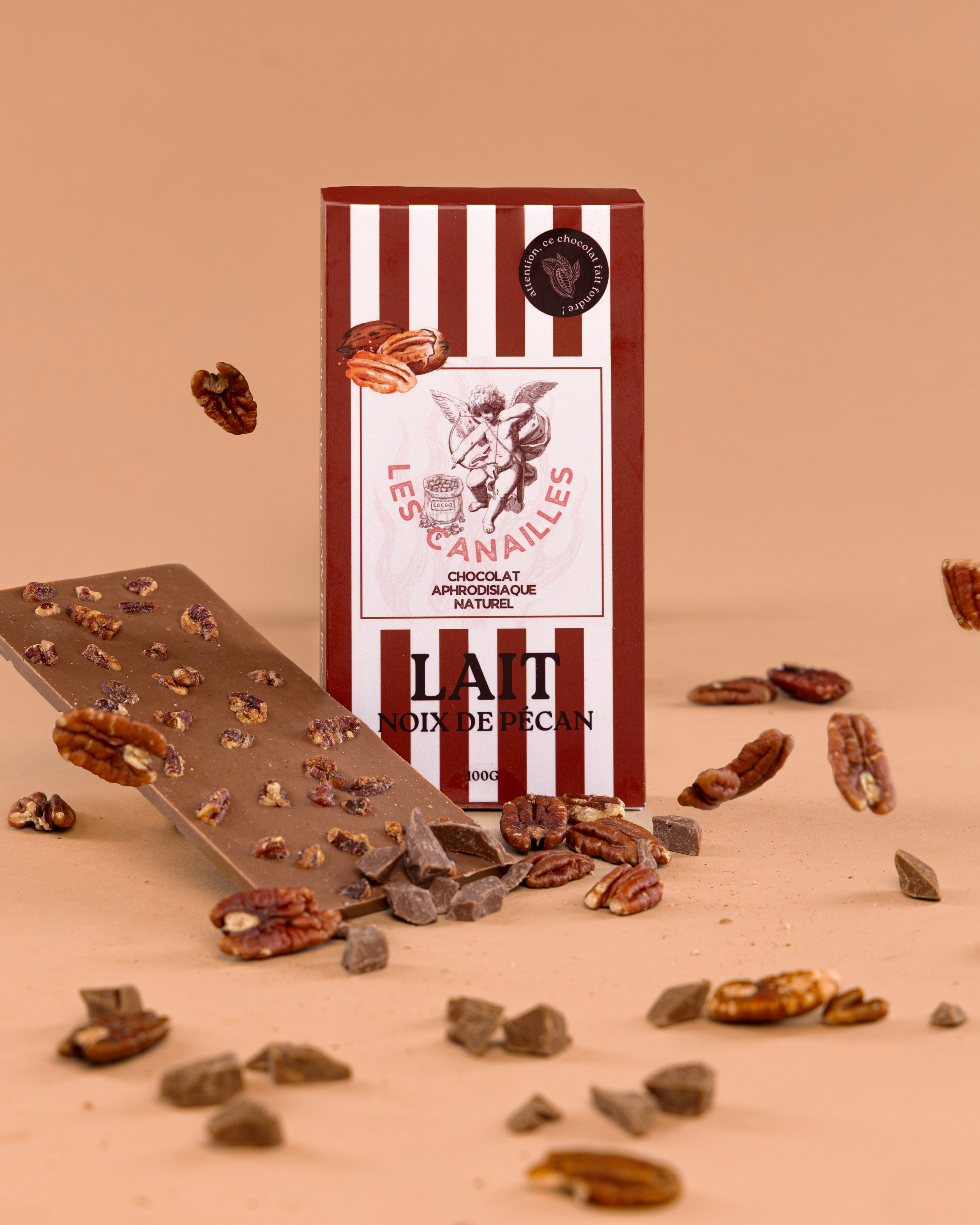 Les Canailles Tablette de Chocolat Aphrodisiaque LAIT Noix de Pécan 100g