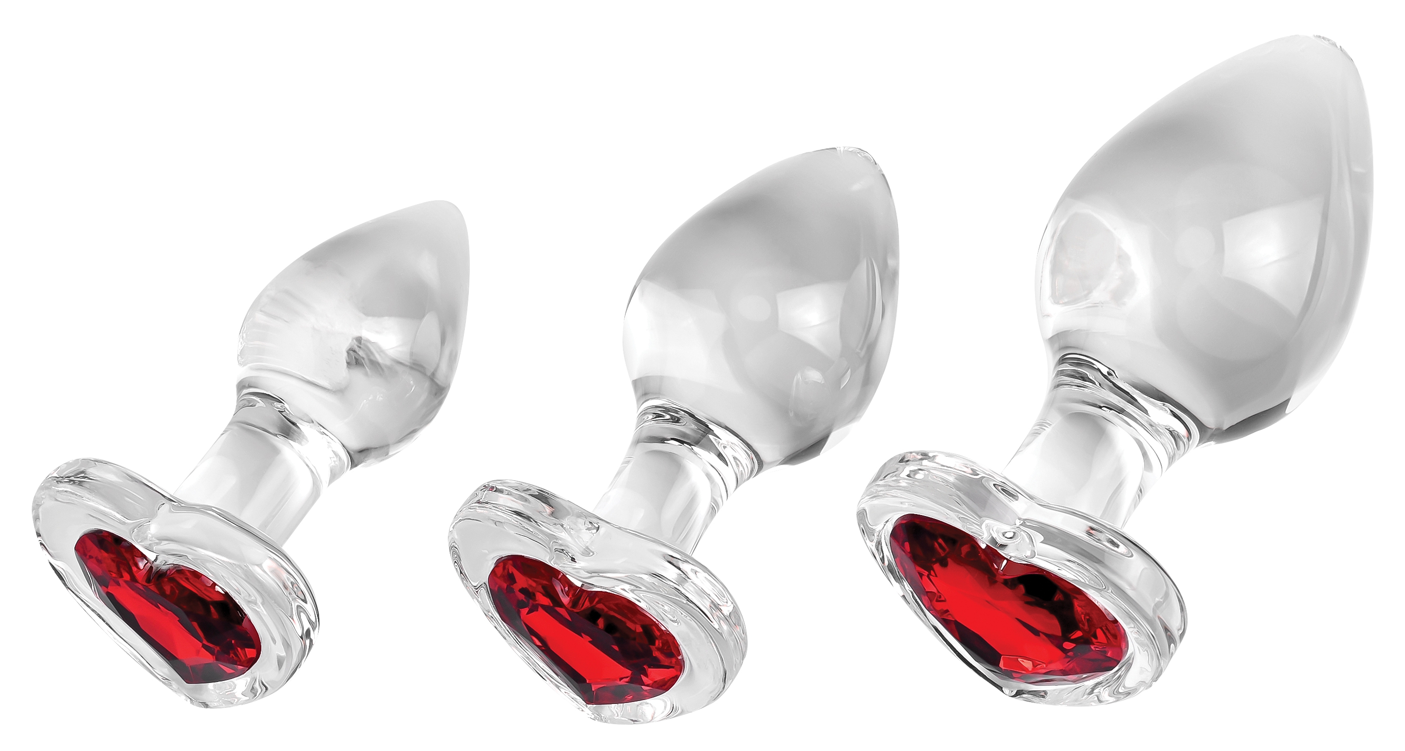 Lot de 3 Plugs Bijou en verre HEART GEM Rouge